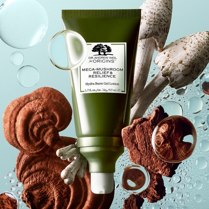 Origins Mega-Mushroom Hydra Burst Gel Lotion 50 ml beroligende ansiktskrem i tube omgitt av sopp og vannbobler