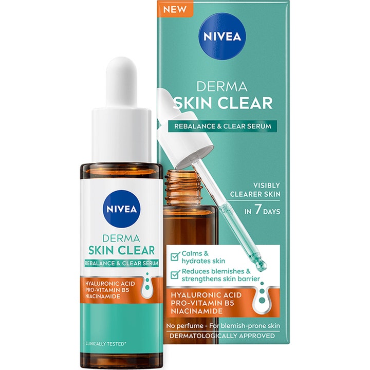 Nivea Derma Skin Clear Rebalance &amp; Clear Serum 40ml beroligende serum mot kviser i brun glassflaske og turkis eske