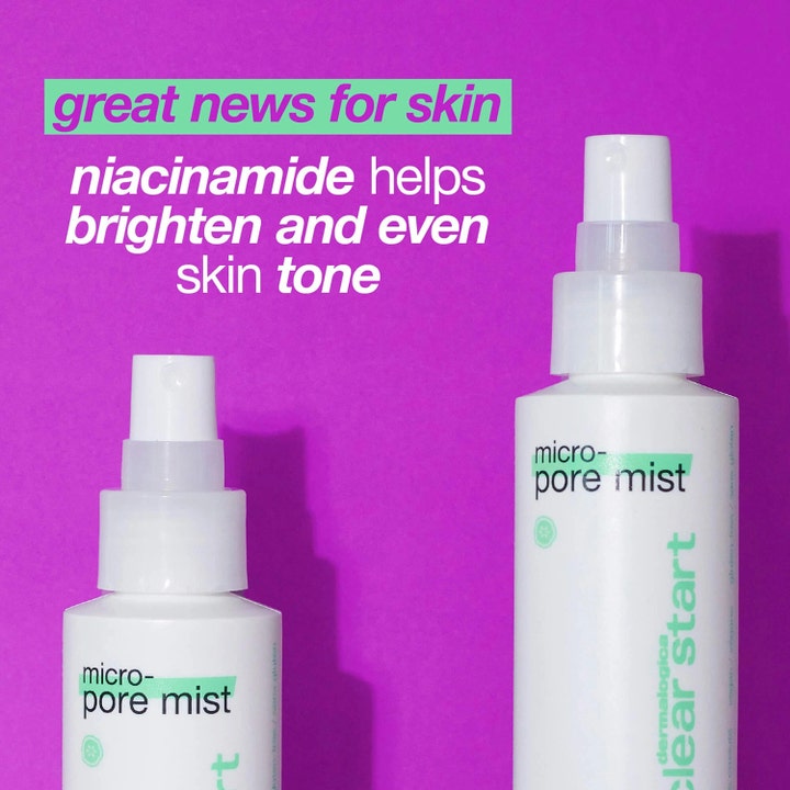 Dermalogica Clear Start Micro-Pore Mist 118 ml ansiktsspray med niacinamid for jevnere hudtone mot lilla bakgrunn