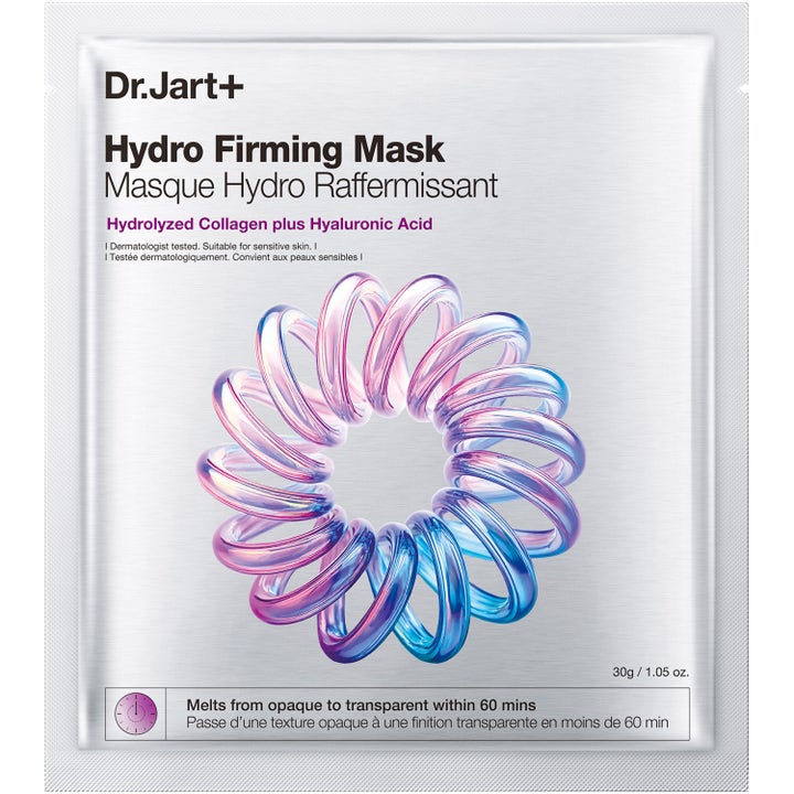 Dr.Jart+ Hydro Firming Mask 30 g oppstrammende ansiktsmaske med kollagen i sølvfarget pose med lilla og blå spiral
