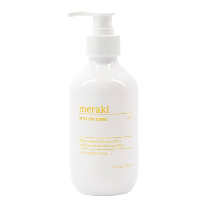 Meraki After Sun Sorbet 275 ml beroligende aftersun i hvit flaske med hvit pumpe og minimalistisk gul tekst