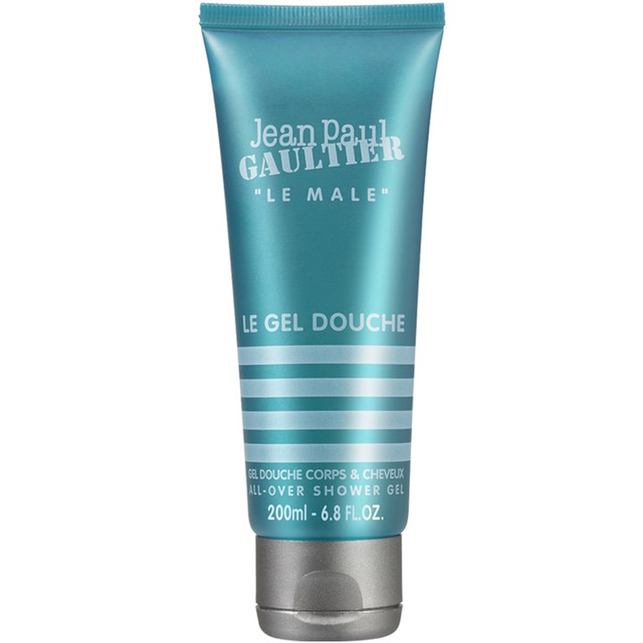 Jean Paul Gaultier Le Male 200ml oppfriskende dusjgelé i en blågrønn tube med ikoniske striper og sølvfarget kork