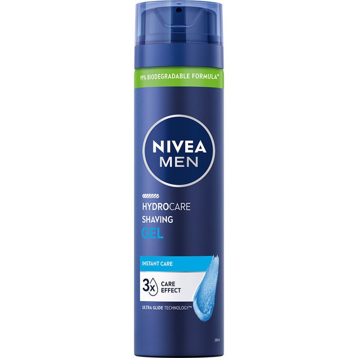 Nivea Men Hydrocare Shaving Gel 200 ml pleiende barbergel i blå metallbeholder med lyseblå gel og gjennomsiktig kork.