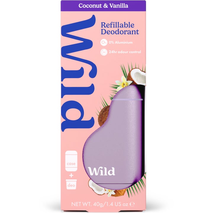 Wild Deo Coconut & Vanilla 40 g deodorant mot lukt i rosa eske med lilla hylse og illustrasjon av kokos