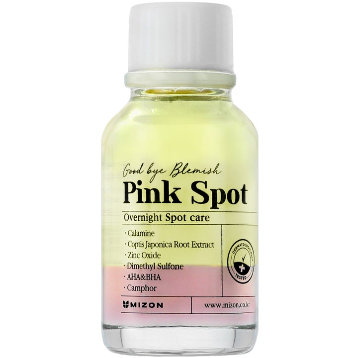 Mizon Good Bye Blemish Pink Spot 19 ml behandling mot urenheter i glassflaske med gul væske og rosa sediment
