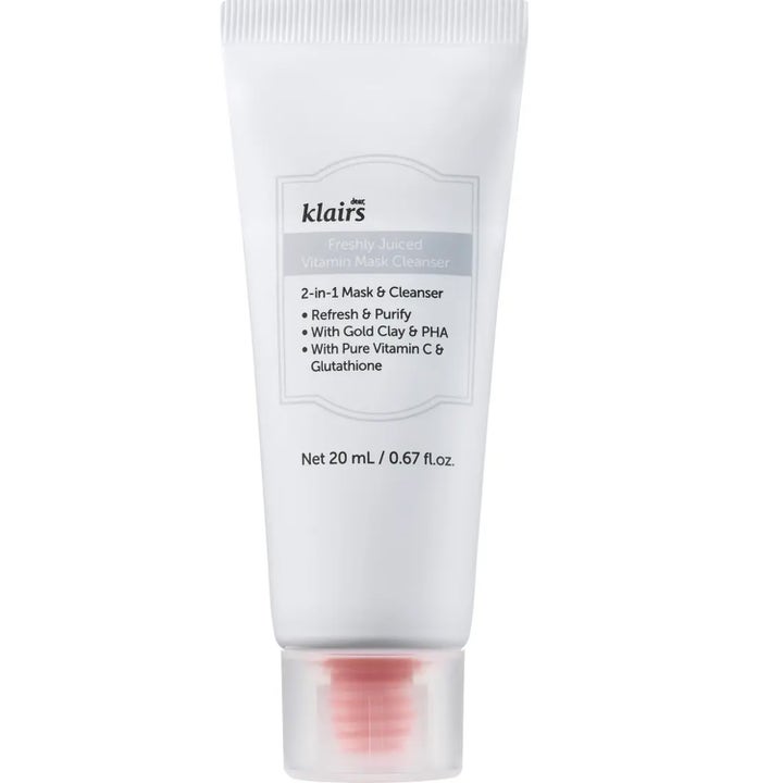 Klairs Freshly Juiced Vitamin Mask Cleanser 20 ml rensende ansiktsmaske i hvit tube med sølvdetaljer