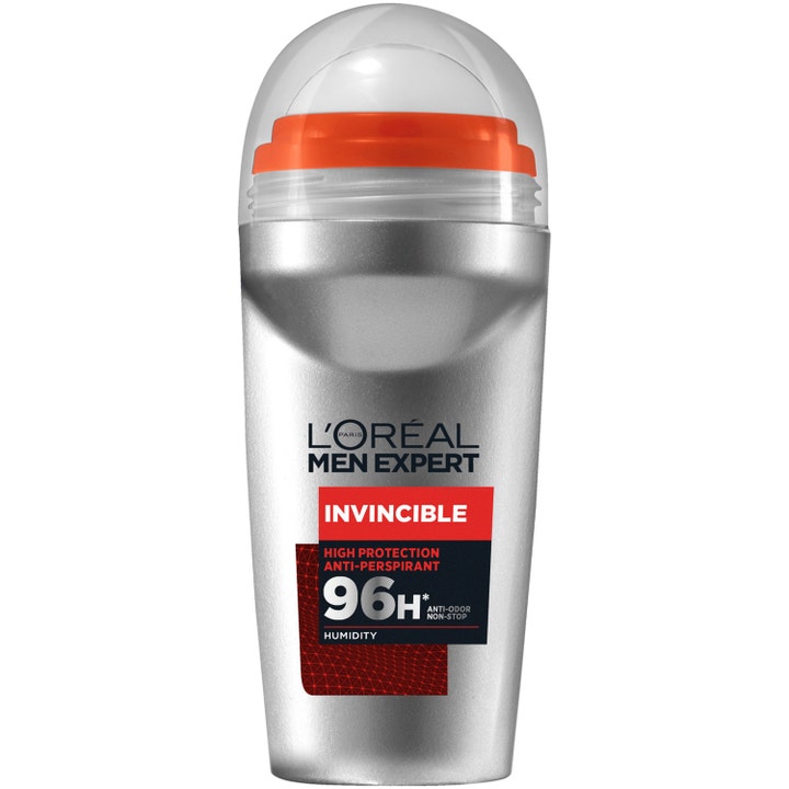 L'Oréal Men Expert Invincible 50 ml antiperspirant gir 96t beskyttelse i sølvfarget roll-on med oransje detaljer.