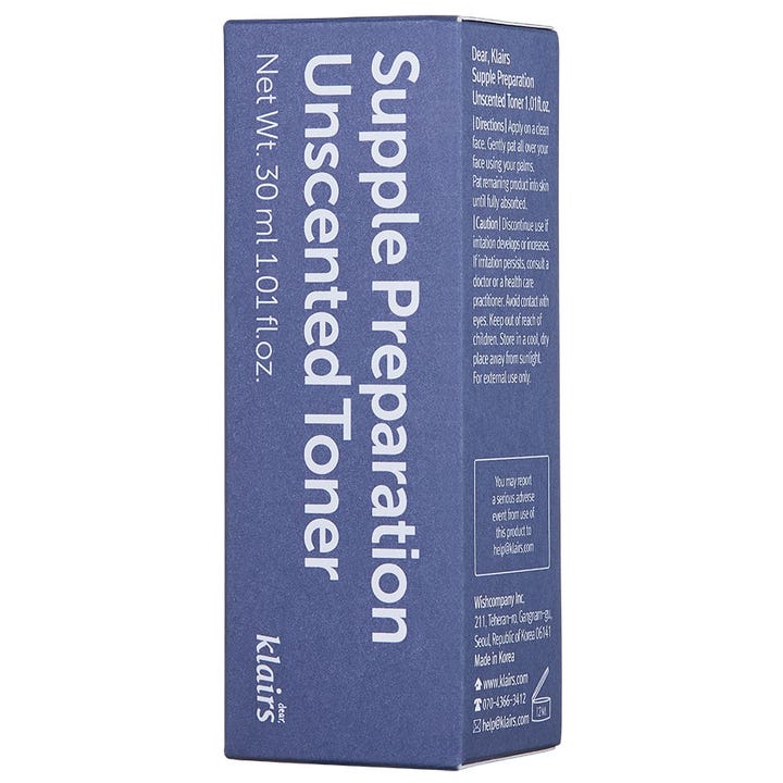 Klairs Supple Preparation Unscented Toner 30 ml fuktighetsgivende ansiktsvatten i blå eske med hvit tekst.