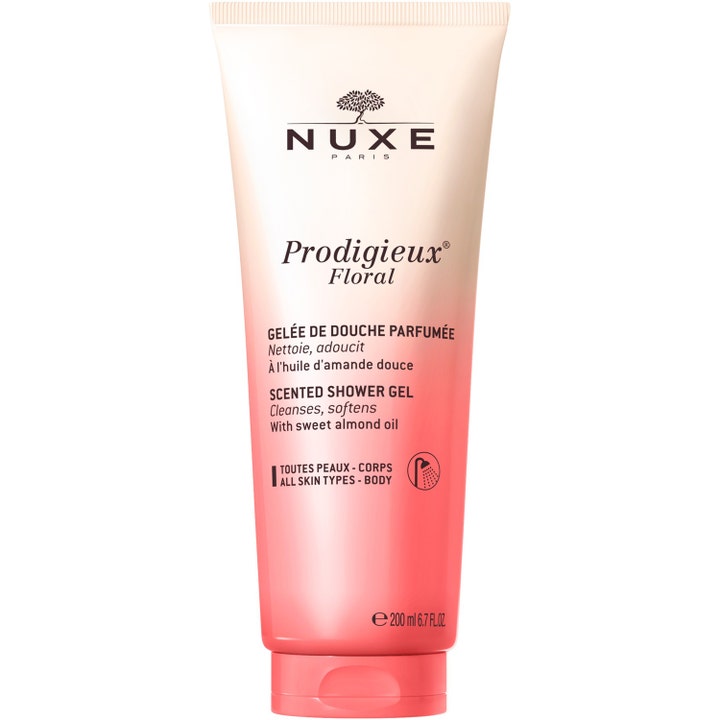 Nuxe Prodigieux Floral 200 ml mykgjørende dusjgelé med mandelolje i en tube med rosa fargeovergang.