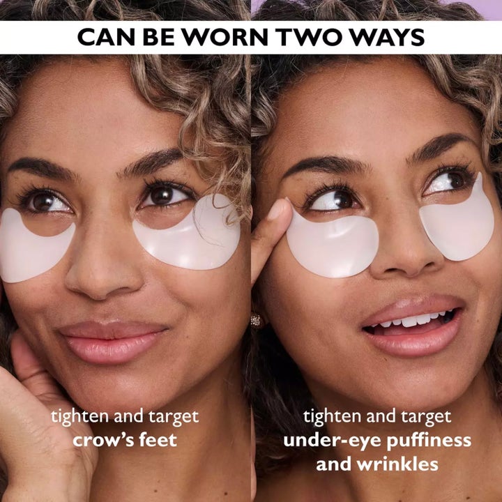 Peter Thomas Roth Instant FIRMx Collagen Eye Patches 8 stk viser to måter å bruke hvite lapper mot rynker og kråketær.