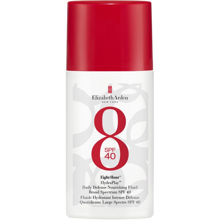 Elizabeth Arden Eight Hour HydraPlay 45ml fuktighetsgivende ansiktsemulsjon i hvit flaske med rød kork
