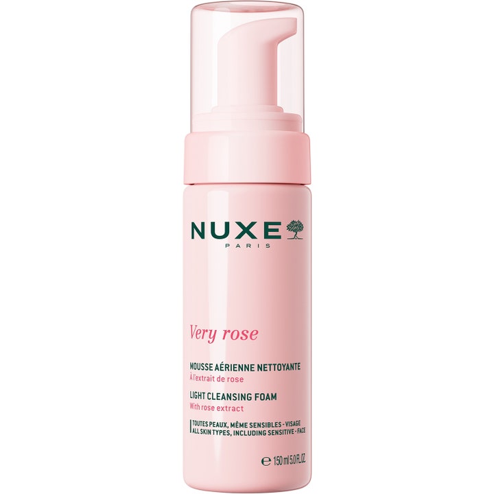 Nuxe Very Rose Light Cleansing Foam 150 ml beroligende rengjøringsskum i rosa pumpeflaske med gjennomsiktig kork