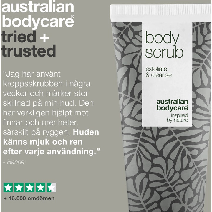 Australian Bodycare Body Scrub 200 ml dyprensende skrubb mot kviser vist med bladmønstret tube og kundeomtale