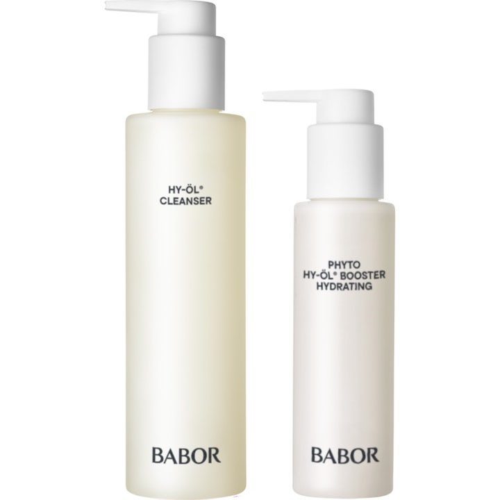 Babor Hy-Öl Cleanser og Phyto Hy-Öl Booster Hydrating fuktighetsgivende rens i to hvite frostede flasker med pumpe