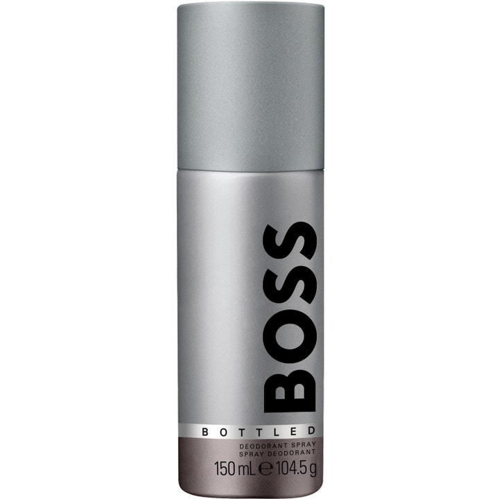 BOSS Bottled 150 ml deodorant spray gir friskhet i en stilren sølvfarget metallisk flaske med vertikal sort logo
