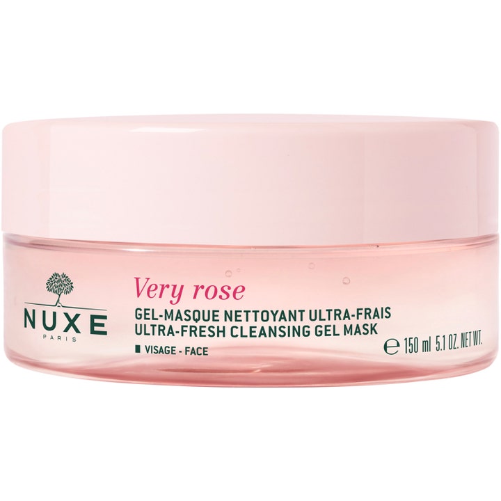 Nuxe Very Rose Ultra-Fresh Cleansing Gel Mask 150 ml rensende ansiktsmaske i en gjennomsiktig rosa krukke.