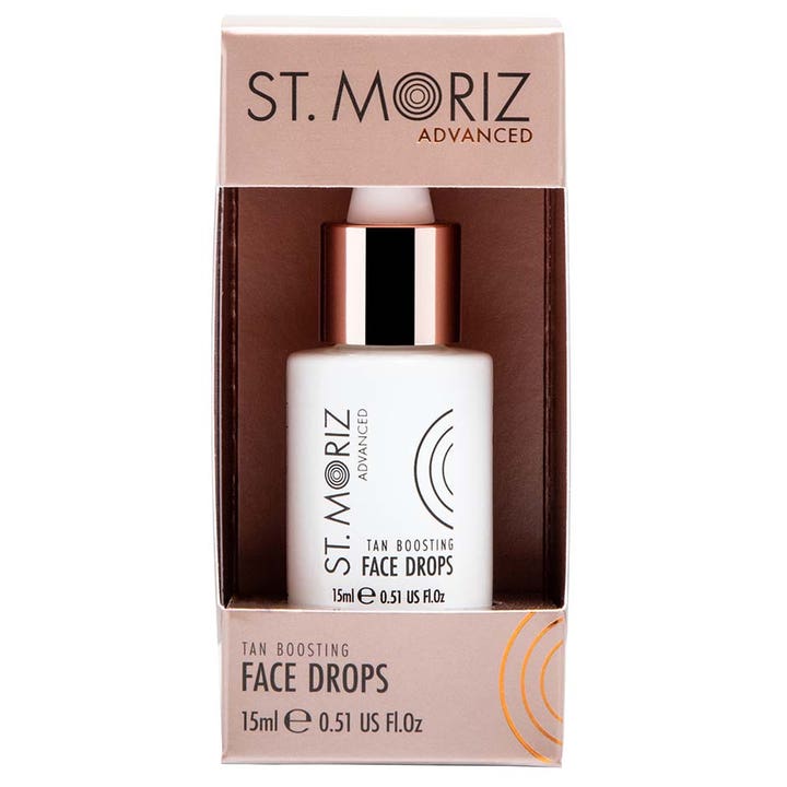 St. Moriz Advanced Tan Boosting Face Drops 15 ml selvbruning som gir glød i hvit flaske med rosegull kork og eske