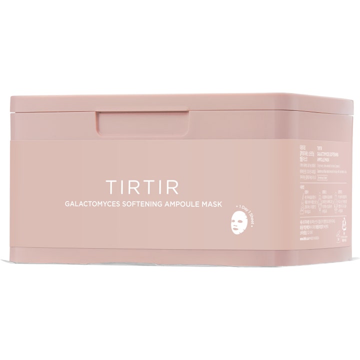 TIRTIR Galactomyces Softening Ampoule Mask 350 g ansiktsmaske gir myk hud i en lys rosa boks merket 1 Day 1 Sheet