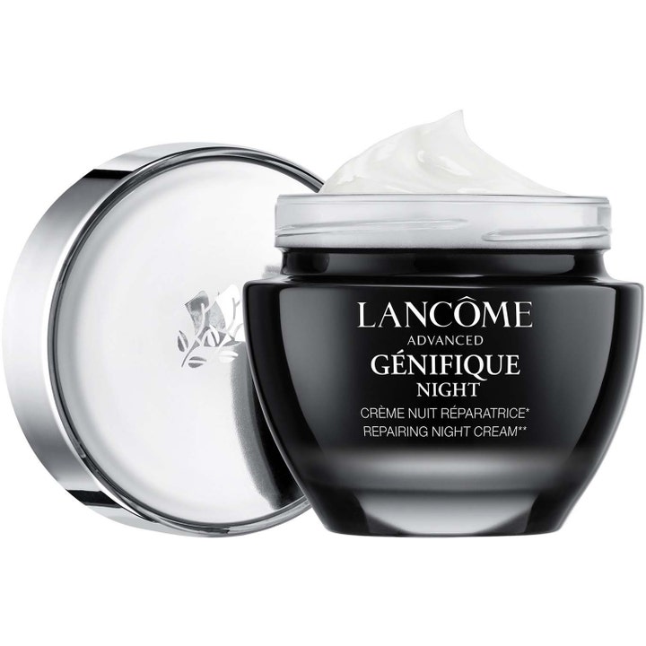 Lancôme Advanced Génifique Night reparerende nattkrem i sort glasskrukke med hvit kremet tekstur og blankt sølvlokk