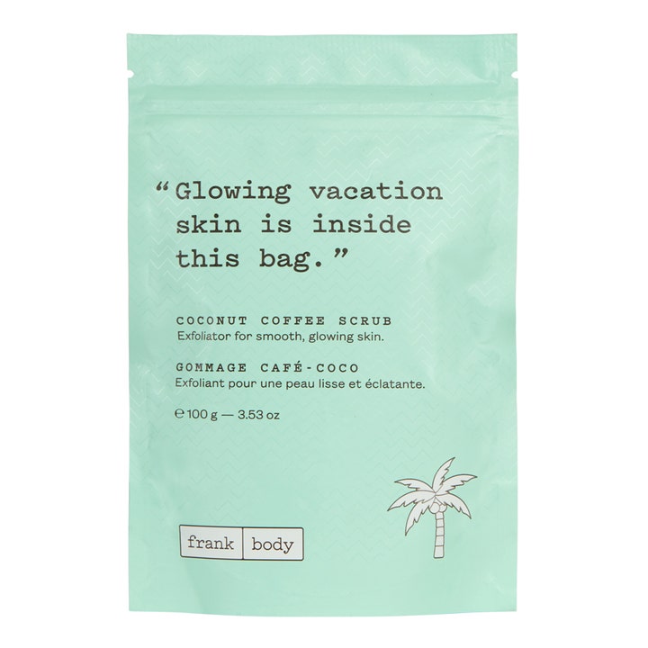 Frank Body Coconut Coffee Scrub 100 g eksfolierende kroppsskrubb som gir glatt hud i en mintgrønn pose med palme.