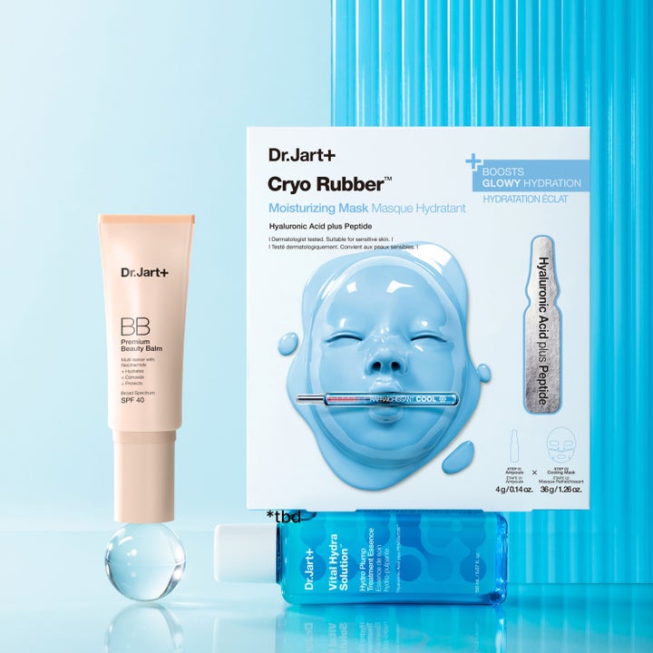 Dr.Jart+ Cryo Rubber Moisture Mask 36 g fuktighetsgivende ansiktsmaske i hvit eske med blått gummifjes og BB-krem.