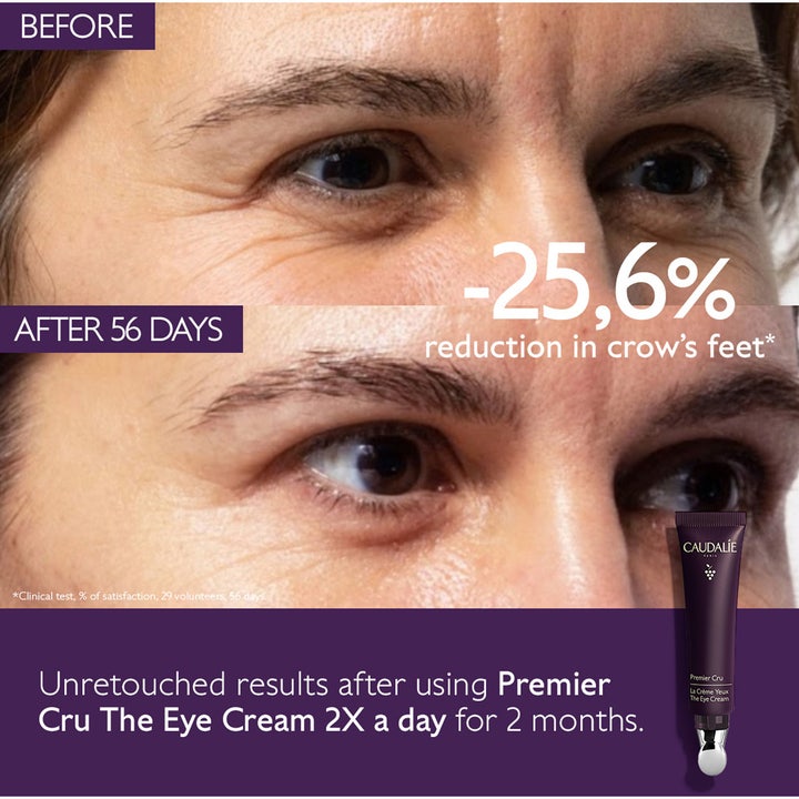 Caudalie Premier Cru The Eye Cream 15 ml øyekrem viser før og etter 25,6 % reduksjon av kråketær etter 56 dager.
