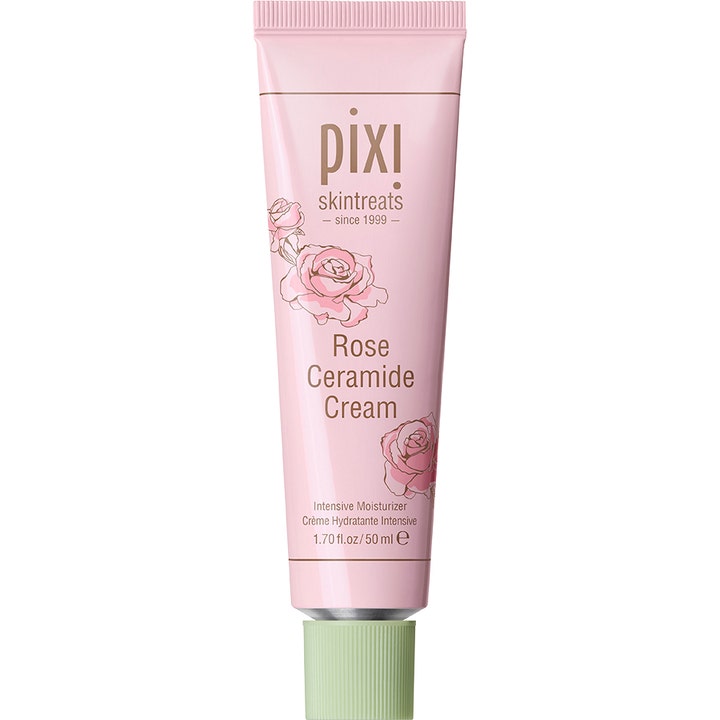 Pixi Rose Ceramide Cream 50 ml nærende ansiktskrem som beskytter huden i rosa tube med roseillustrasjoner og grønn kork