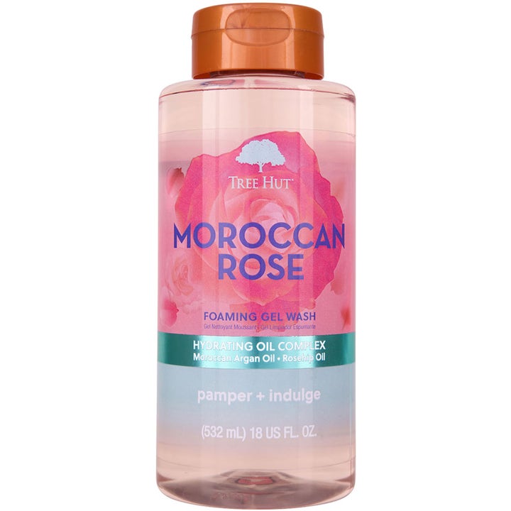 Tree Hut Moroccan Rose Foaming Gel Wash 532 ml fuktighetsgivende dusjgelé i flaske med rosa rose og kobberfarget kork.