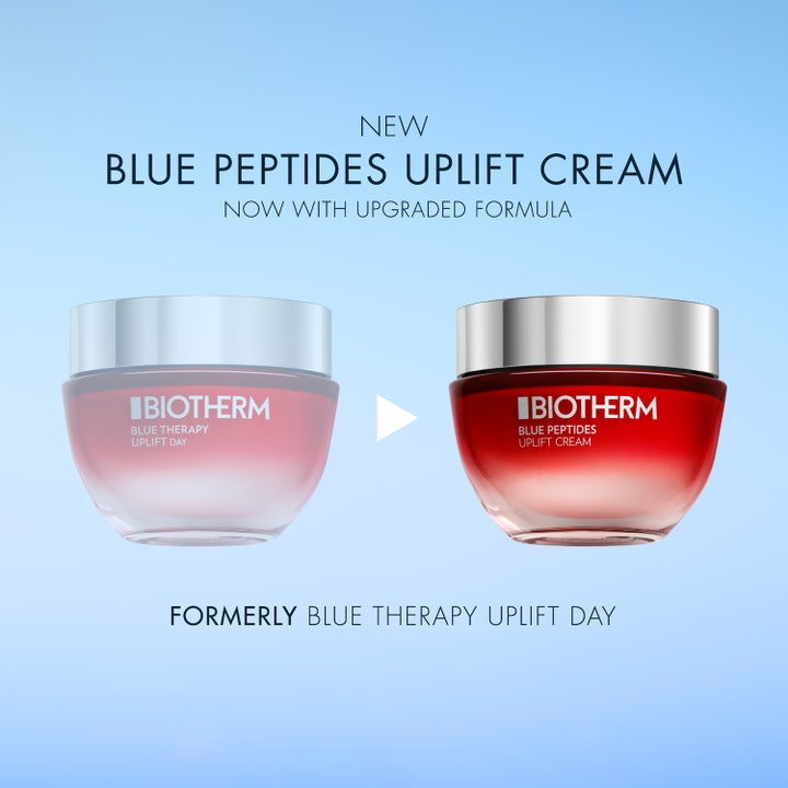 Biotherm Blue Peptides Uplift Cream 30 ml fuktighetsgivende dagkrem i rød glasskrukke med sølvlokk og ny formel