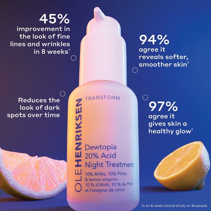 Ole Henriksen Detox & Glow 105 ml ansiktsbehandling gir glød vist med sitrusfrukter og kliniske resultater