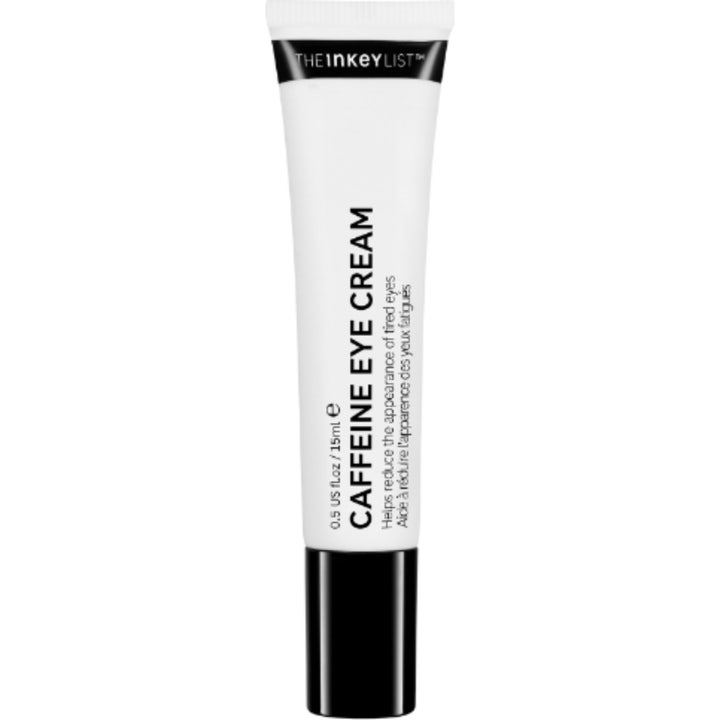 The Inkey List Caffeine Eye Cream 15 ml oppstrammende øyekrem i hvit tube med sort kork som reduserer hovne øyne