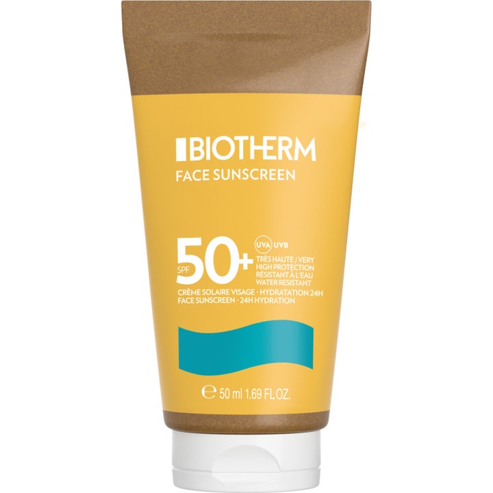 Biotherm Waterlover Face Sunscreen 50 ml solkrem ansikt gir SPF 50 beskyttelse i gul tube med brun topp og hvit kork