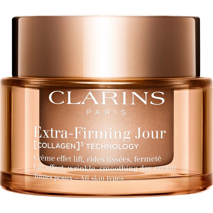 Clarins Extra-Firming Jour dagkrem som gir løfteeffekt i en bronsefarget glasskrukke med skinnende metallokk.