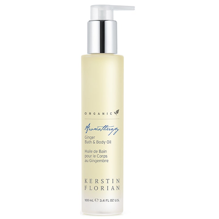 Kerstin Florian Organic Ginger Bath & Body Oil 100 ml varmende kroppsolje i en frostet glassflaske med sølvpumpe.