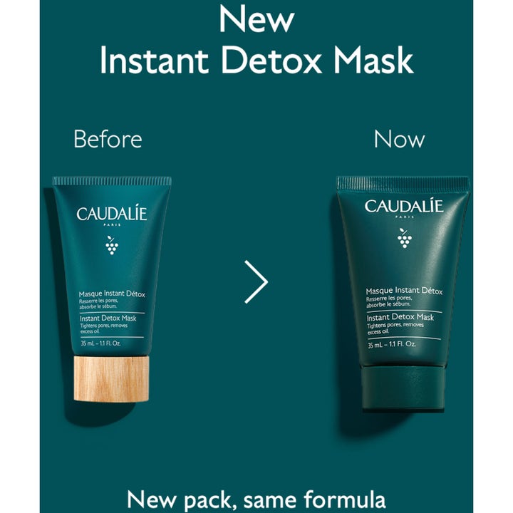 Caudalie Instant Detox Mask 35 ml ansiktsmaske som renser porer i gammel tube mot ny mørkegrønn forpakning