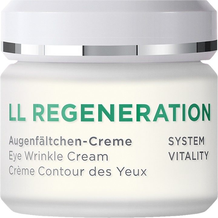 Annemarie Börlind LL Regeneration Eye Wrinkle Cream 30 ml øyekrem som glatter ut linjer i hvit krukke med sølvdetaljer