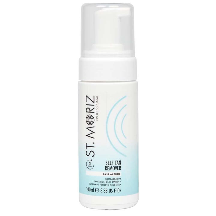St. Moriz Professional Self Tan Remover 100ml fjerner selvbruning effektivt på hvit pumpeflaske med blått bølgemønster.