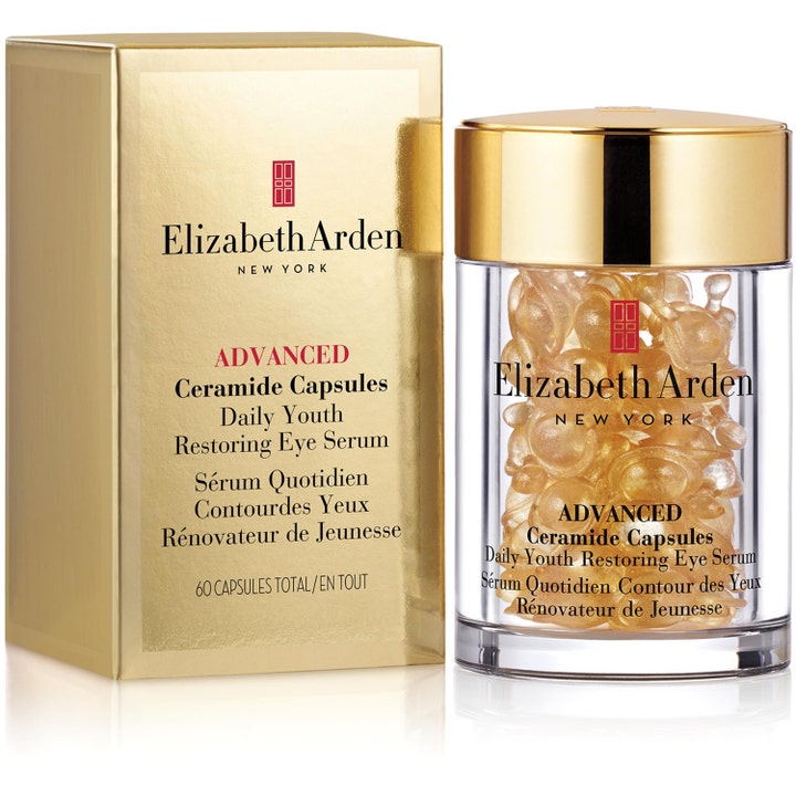 Elizabeth Arden Advanced Ceramide Capsules 60 stk øyeserum i gullfarget eske og krukke med gylne kapsler