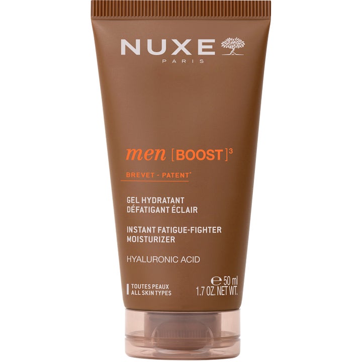 Nuxe Men Boost Gel Hydratant 50 ml fuktighetsgivende ansiktsgel med hyaluronsyre som gir huden energi i en brun tube