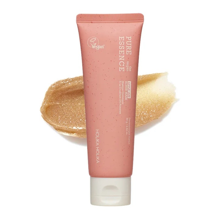 Holika Holika Pure Essence Apple Jam Scrub Mask 80 g vegansk ansiktsskrubb i rosa tube med gyllen geltekstur bak