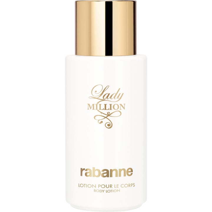 Rabanne Lady Million Body Lotion fuktighetsgivende kroppskrem i hvit flaske med elegant gullskrift og gullkork.