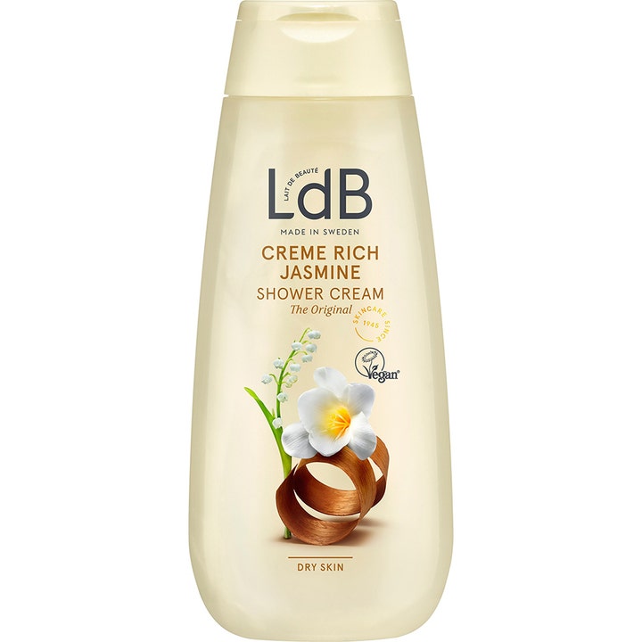 LdB Creme Rich Jasmine Shower Cream 250ml pleiende dusjsåpe for tørr hud i lys beige flaske med jasminblomst