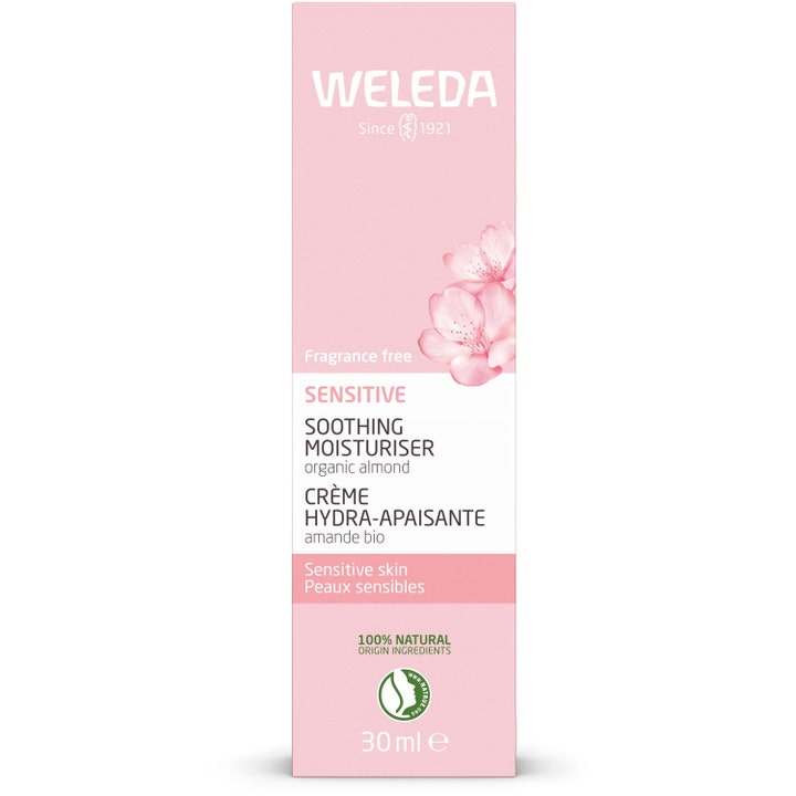 Weleda Almond Soothing Facial Cream 30 ml beroligende dagkrem i rosa og hvit eske med mandelblomster