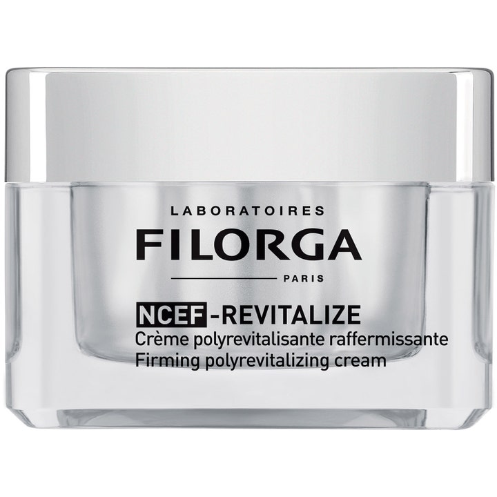 Filorga NCEF-Revitalize 50 ml oppstrammende ansiktskrem i en elegant glasskrukke med sølvfarget lokk.