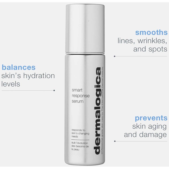 Dermalogica Smart Response Serum Duo fuktighetsgivende ansiktsserum i sølvflaske som glatter ut linjer og rynker.