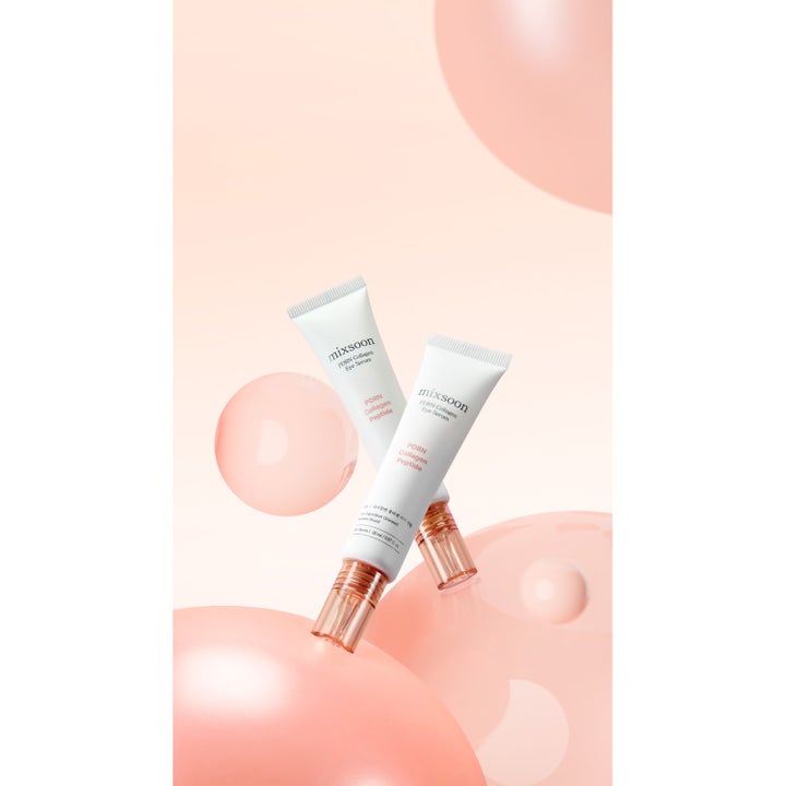 Mixsoon PDRN Collagen Eye Serum 20 ml oppstrammende øyeserum i hvite tuber med rosegull korker og rosa dekorative kuler