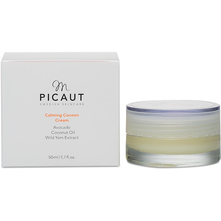 M Picaut Swedish Skincare Calming Cocoon Cream 50 ml beroligende dagkrem i hvit eske og glasskrukke med sølvlokk