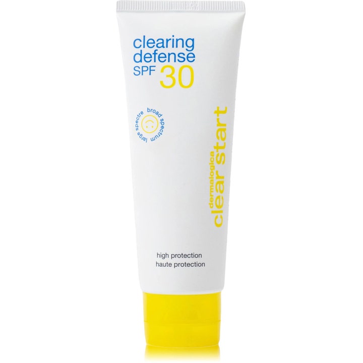 Dermalogica Clear Start Clearing Defense SPF 30 mattende dagkrem i hvit plasttube med knallgult lokk og blå tekst.