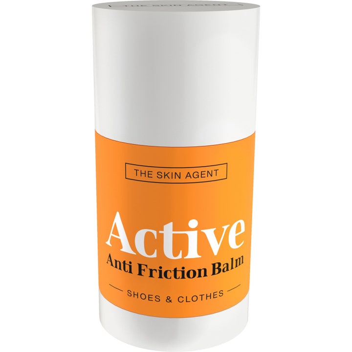 The Skin Agent Active Anti Friction Balm 25 ml mot gnagsår i hvit stift med oransje etikett for sko og klær