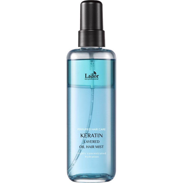 La'dor Keratin Layered Oil Hair Mist 130 ml fuktighetsgivende hårspray i klar flaske med svart pumpe og lagdelt blå væske